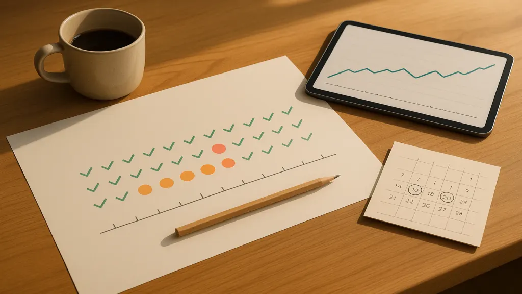 Documentary editorial photograph — a founder's weekly forecast-update ritual captured with warm human traces (no people). Medium overhead angled shot of a wooden desk. A large sheet of paper showing a hand-drawn 30-day timeline with colour-coded day markers (green / amber / one coral). A small tablet beside it showing the same timeline in cleaner digital form. A ceramic mug of coffee half full. A calendar page with two dates circled ('salaries · 5th' and 'tax · 20th'). A single sharpened pencil resting across the timeline. Warm midday side-light from a window. Palette: warm oak, cream paper, muted colour markers, cool tablet glow, tungsten warmth. Brand teal on the tablet forecast line. NO people. The mood: clarity, weekly discipline, less stress. Aspect 16:9.