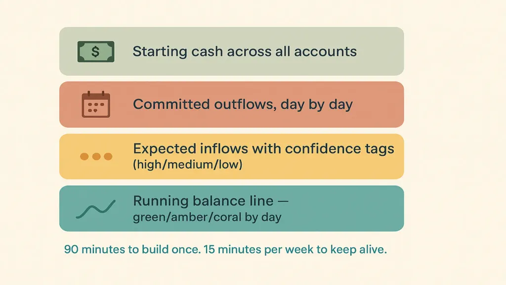 Four-layer 30-day cash forecast — vector infographic on cream. Layer 1 (sage): Starting cash across all accounts. Layer 2 (terracotta): Committed outflows, day by day. Layer 3 (amber): Expected inflows with confidence tags. Layer 4 (BRAND TEAL emphasized): Running balance line — green / amber / coral by day. Below all four: '90 minutes to build once. 15 minutes per week to keep alive.' NO photos.
