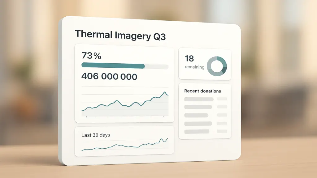 Дашборд збору на тепловізори у Finmap: 73% бюджету залучено, 18 днів до завершення, графік надходжень