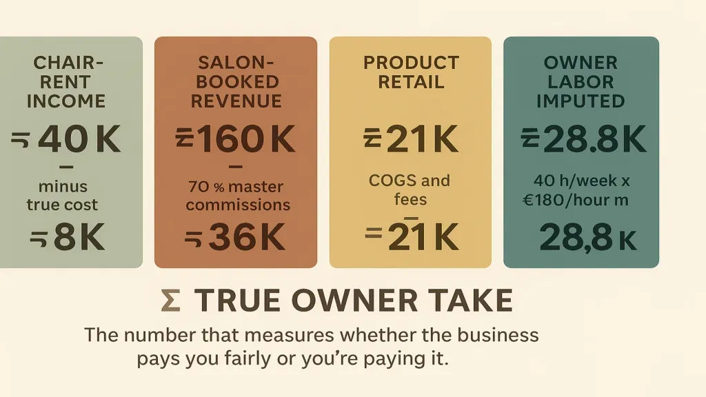 Real owner P&L framework — vector 4-panel diagram on cream. Panel 1 (sage): CHAIR RENT INCOME — revenue from masters, minus 'true cost' (space share, admin share). Panel 2 (terracotta): SALON-BOOKED REVENUE — after master commissions and receptionist cost. Panel 3 (amber): PRODUCT RETAIL — clean margin. Panel 4 (BRAND TEAL emphasized): OWNER LABOR — imputed at market rate. Below: SUM = TRUE OWNER TAKE. Caption: 'The number that measures whether the business pays you fairly or you're paying it.'