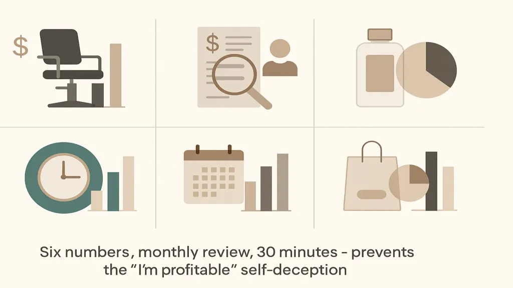 Six real numbers for salon owner — vector 2x3 grid. 1. Chair rent revenue vs true cost. 2. Salon-booked revenue after commissions. 3. Product retail net margin. 4. Owner hours × market rate (imputed). 5. Bookings per master per week (utilization). 6. Product attach rate. Brand teal emphasis on Owner hours.