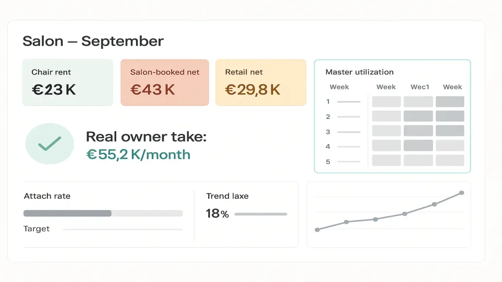 Salon owner dashboard, light mode. Title 'Salon — September'. Top: four revenue-layer cards (Chair rent net ₴12K, Salon-booked net ₴43K, Retail net ₴29K, minus Owner imputed labor ₴28.8K). Bottom: 'Real owner take: ₴55.2K' with brand teal check. Right: master utilization chart (5 masters × weeks). Below: attach rate 18% target 25%. Real-screenshot feel.