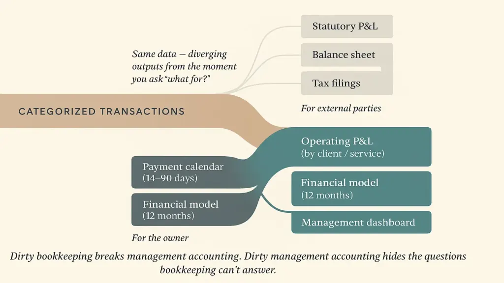 Decision-flow infographic — vector design showing a single horizontal river of 'categorized transactions' flowing left to right, with two branches splitting from it: upward branch labeled 'Bookkeeping outputs' (tax returns, statutory P&L, balance sheet, audit reports), downward branch labeled 'Management accounting outputs' (operating P&L by client, payment calendar, financial model, management dashboard); brand teal accent on the management accounting branch