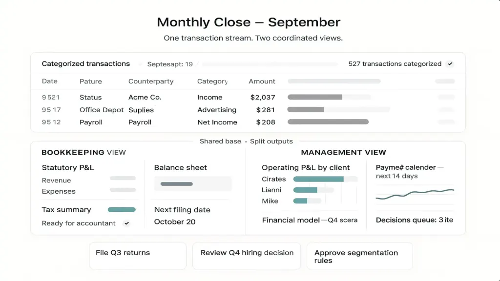 Finmap-style unified financial view showing how the same transactions feed two distinct outputs — left panel shows bookkeeping view (statutory P&L, balance sheet, tax summary), right panel shows management view (operating P&L by client, payment calendar, financial model preview); a central transaction ledger feeds both; brand teal accents on the management panel and on the flow arrows