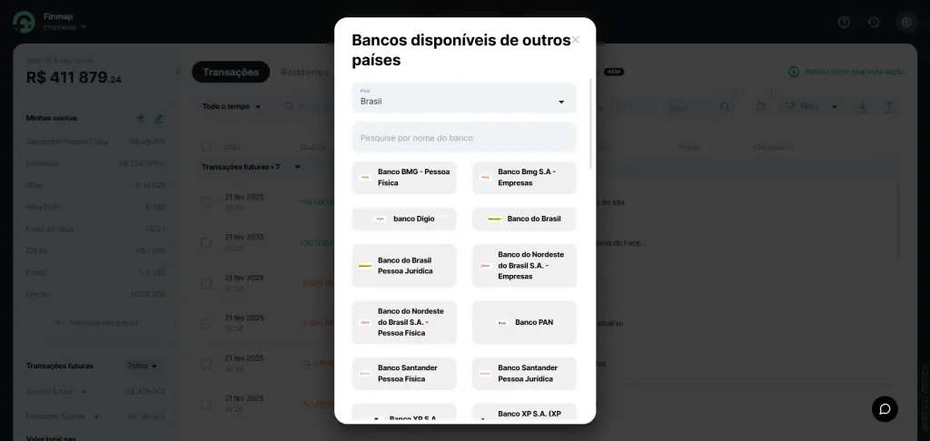 Opções de integração na Finmap