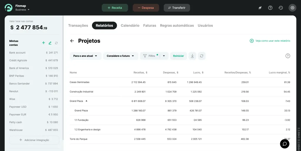 Relatório de projetos na Finmap