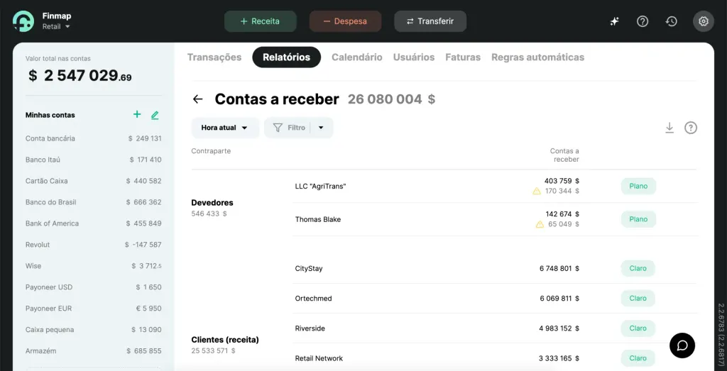 Relatório de Contas a receder na Finmap