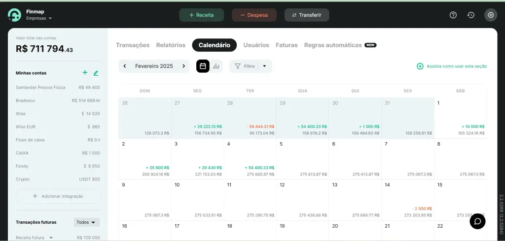 Calendário de pagamentos no Finmap