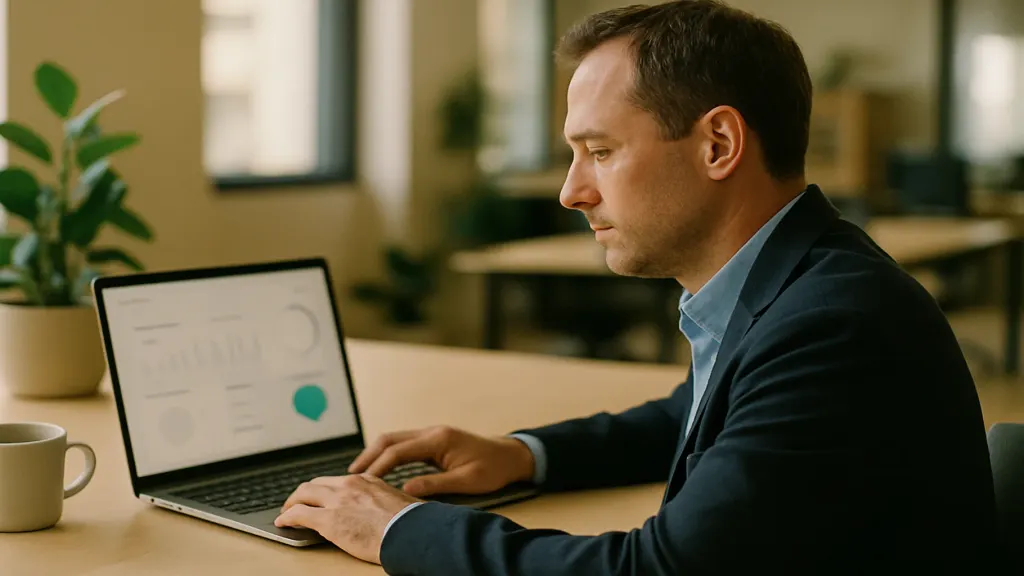 Business owner reviewing a financial dashboard on a laptop in a bright office