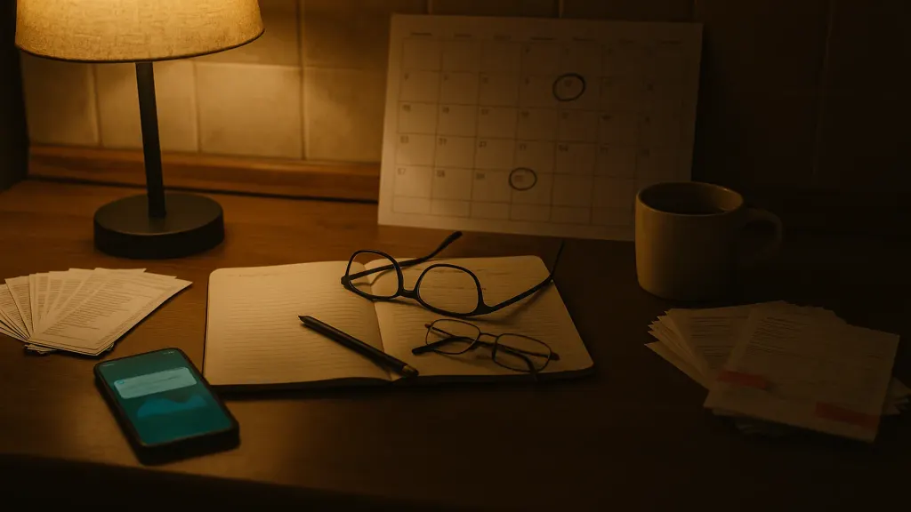 A weekly money check on a kitchen table: incoming payment slips on one side, supplier invoices with overdue tags on the other, a calendar with two dates circled