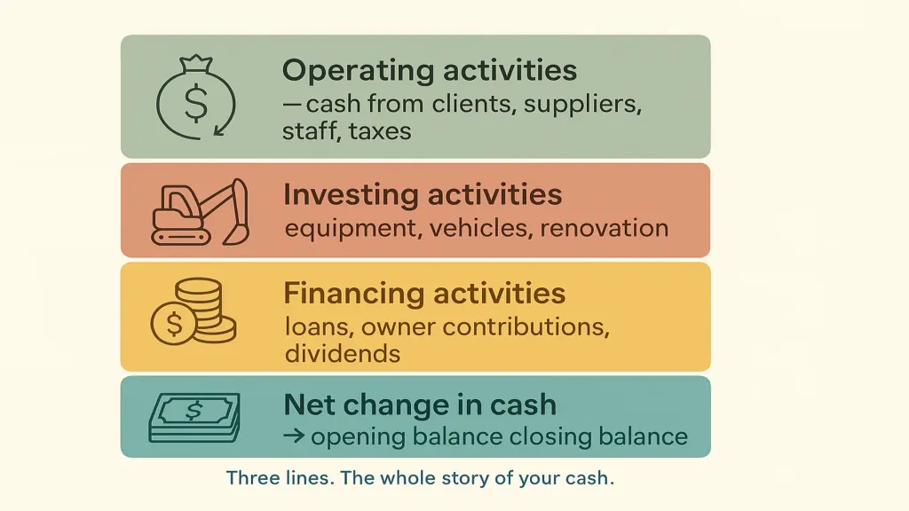 Cash flow statement structure: operating, investing and financing activities adding up to the net change in cash