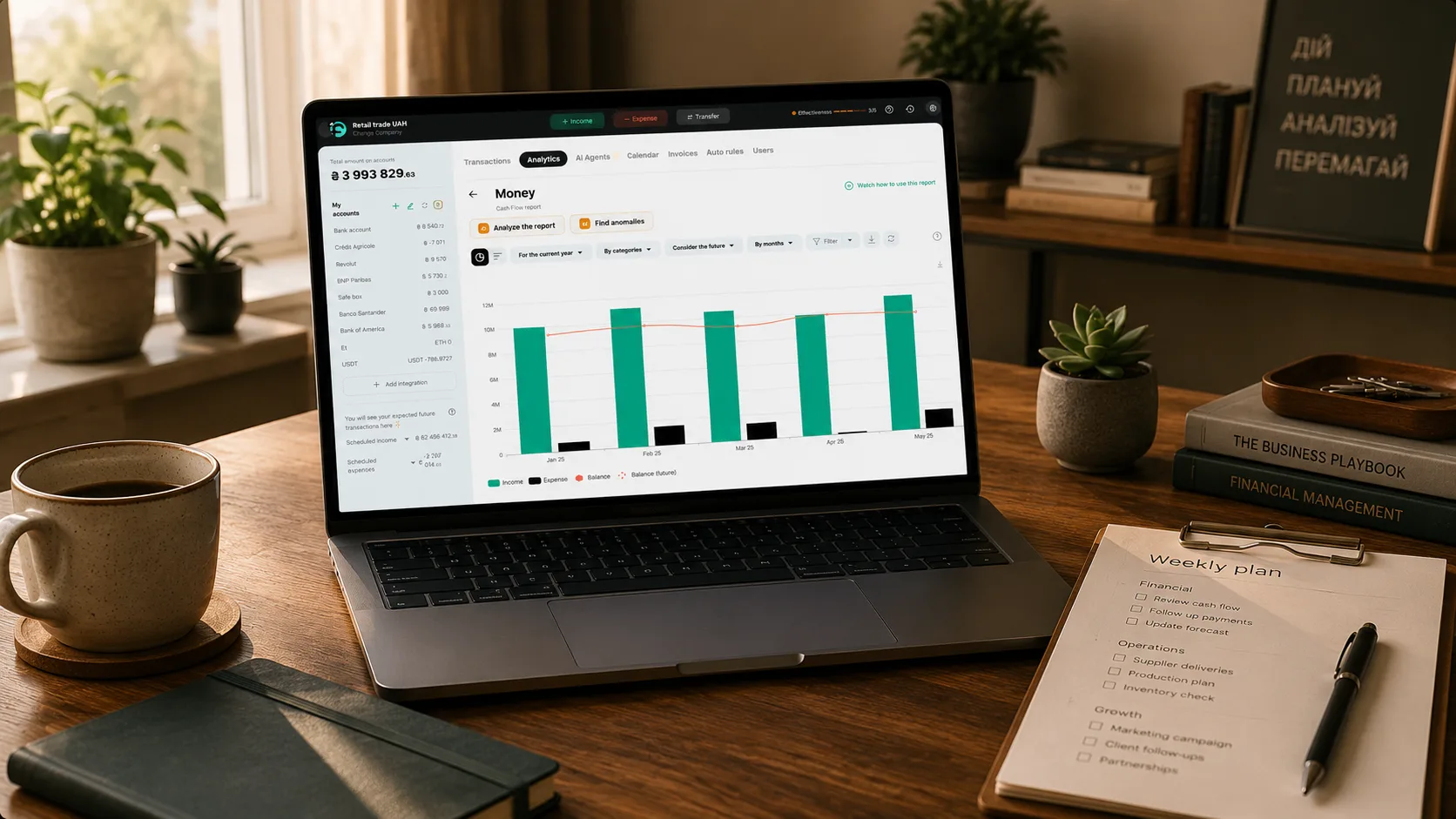 A business owner's workspace with a clean plan for the week and an open laptop showing a financial dashboard