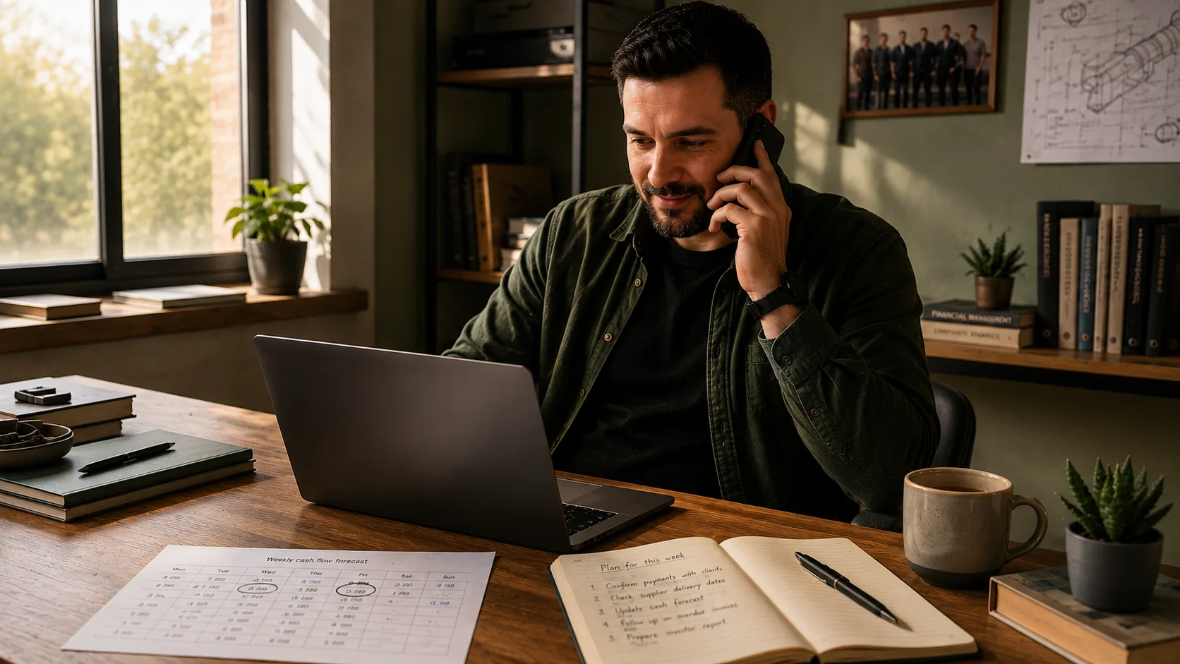 A calm work moment: a business owner reviewing a cash flow forecast a week ahead, phone in hand