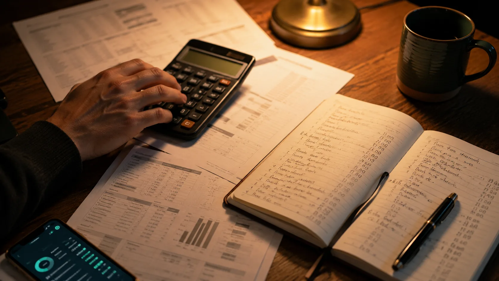 A desk with a calculator, bank statements and a cup of coffee — the moment of calculating cash flow