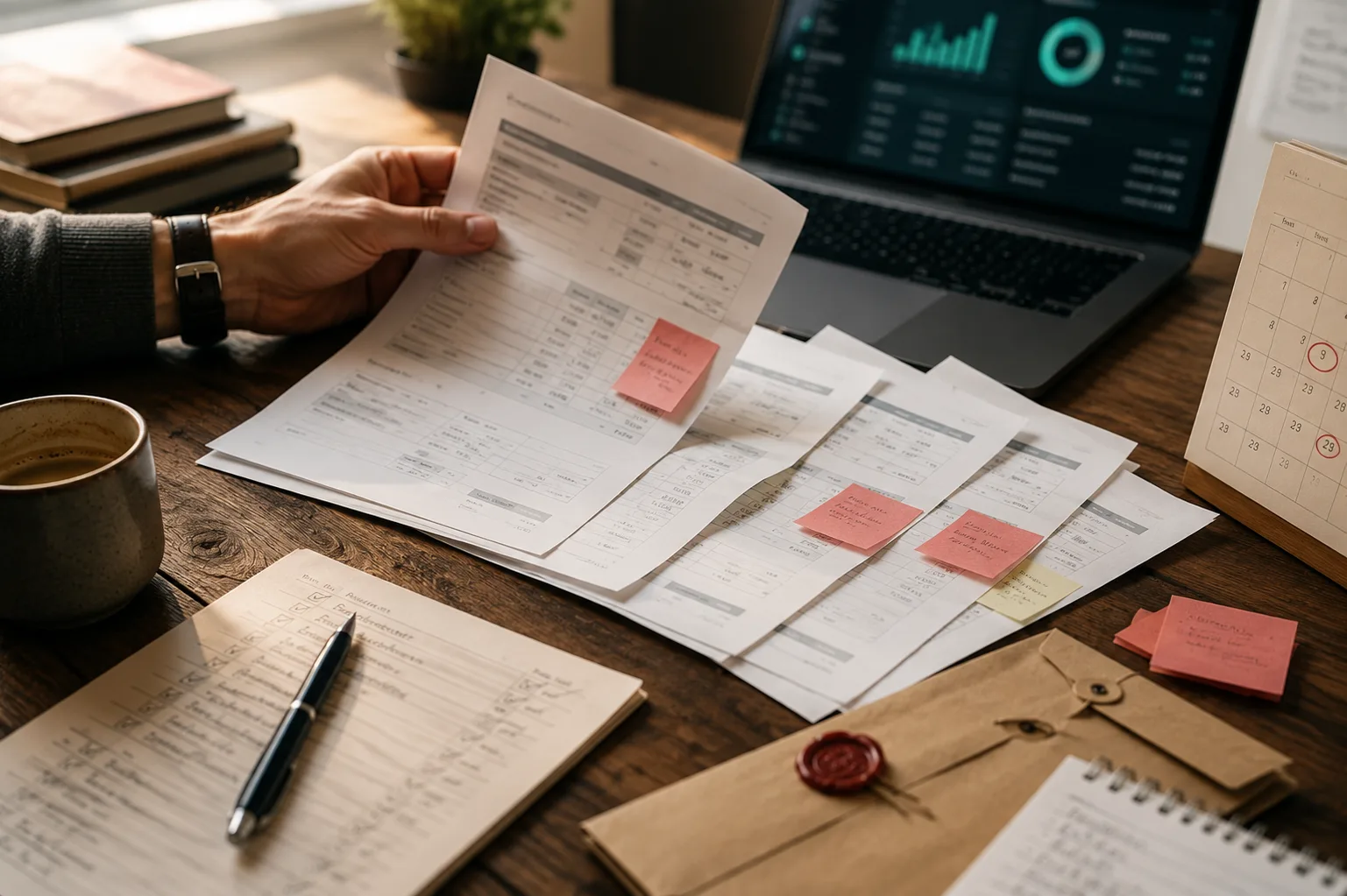 A desk with paper bills, issued invoices and supplier acceptance acts — a typical receivables moment