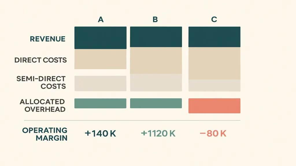 Per-location P&L stack — vector 5-row visualization with three columns (A, B, C). Rows from top: REVENUE (largest bars), DIRECT COSTS (subtracted), SEMI-DIRECT (smaller subtract), ALLOCATED OVERHEAD (small subtract), OPERATING MARGIN (final result, A and B green, C coral). Brand teal accent on the operating margin row label. Caption: 'Five rows, three columns. The truth is in the bottom row.'