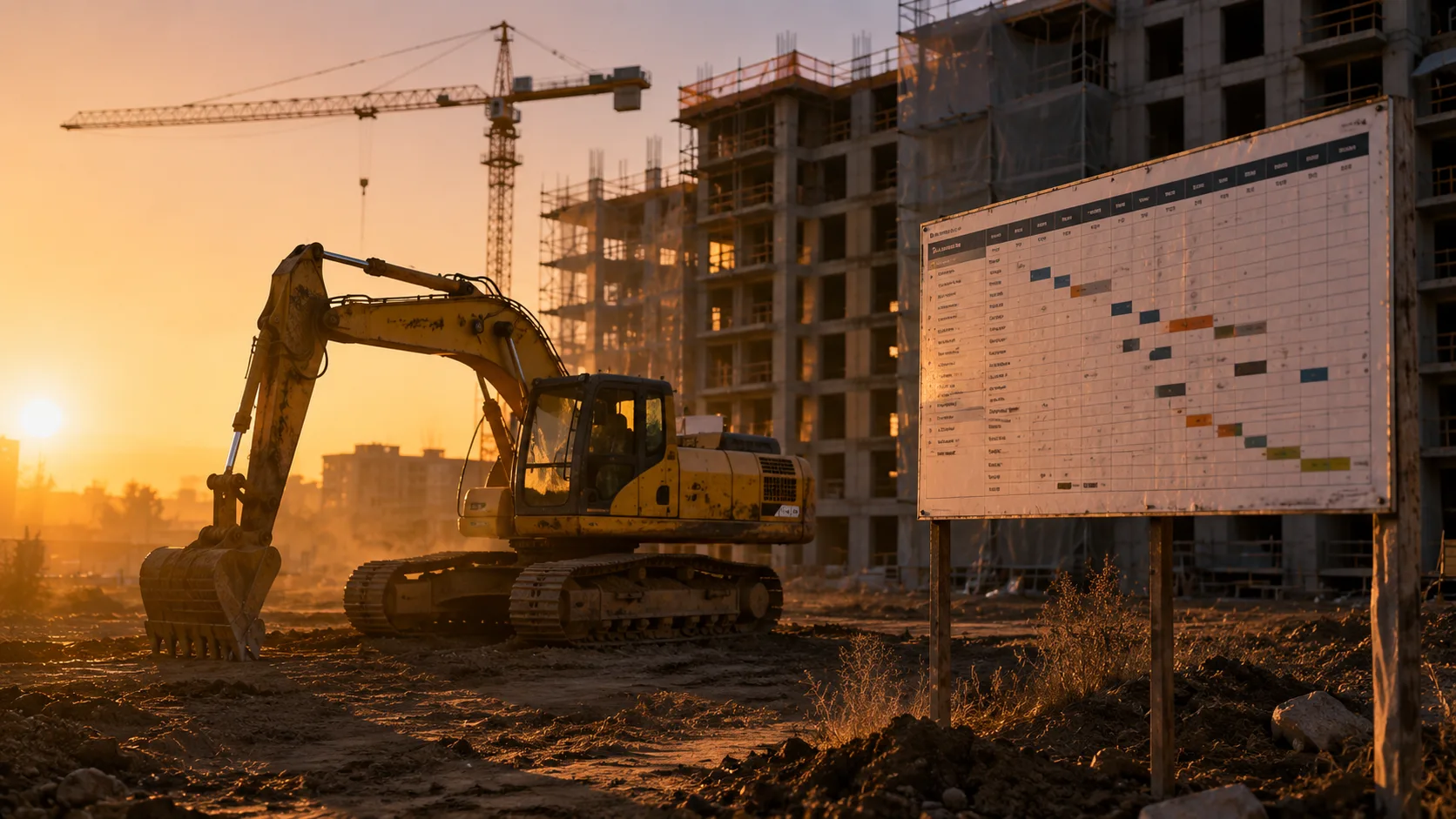 Idle excavator parked beside a construction site with a large outdoor project board showing milestone schedule, soft golden hour sunset light over the unfinished structure
