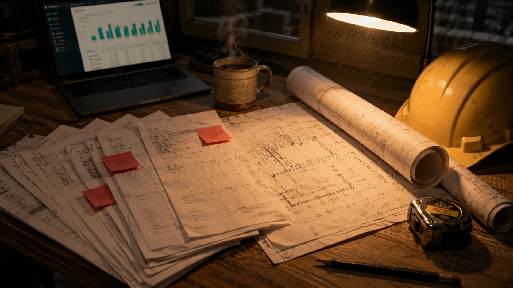Stack of printed supplier invoices fanned out beside rolled construction blueprints, a yellow hard hat sitting at the corner of the desk in warm tungsten light