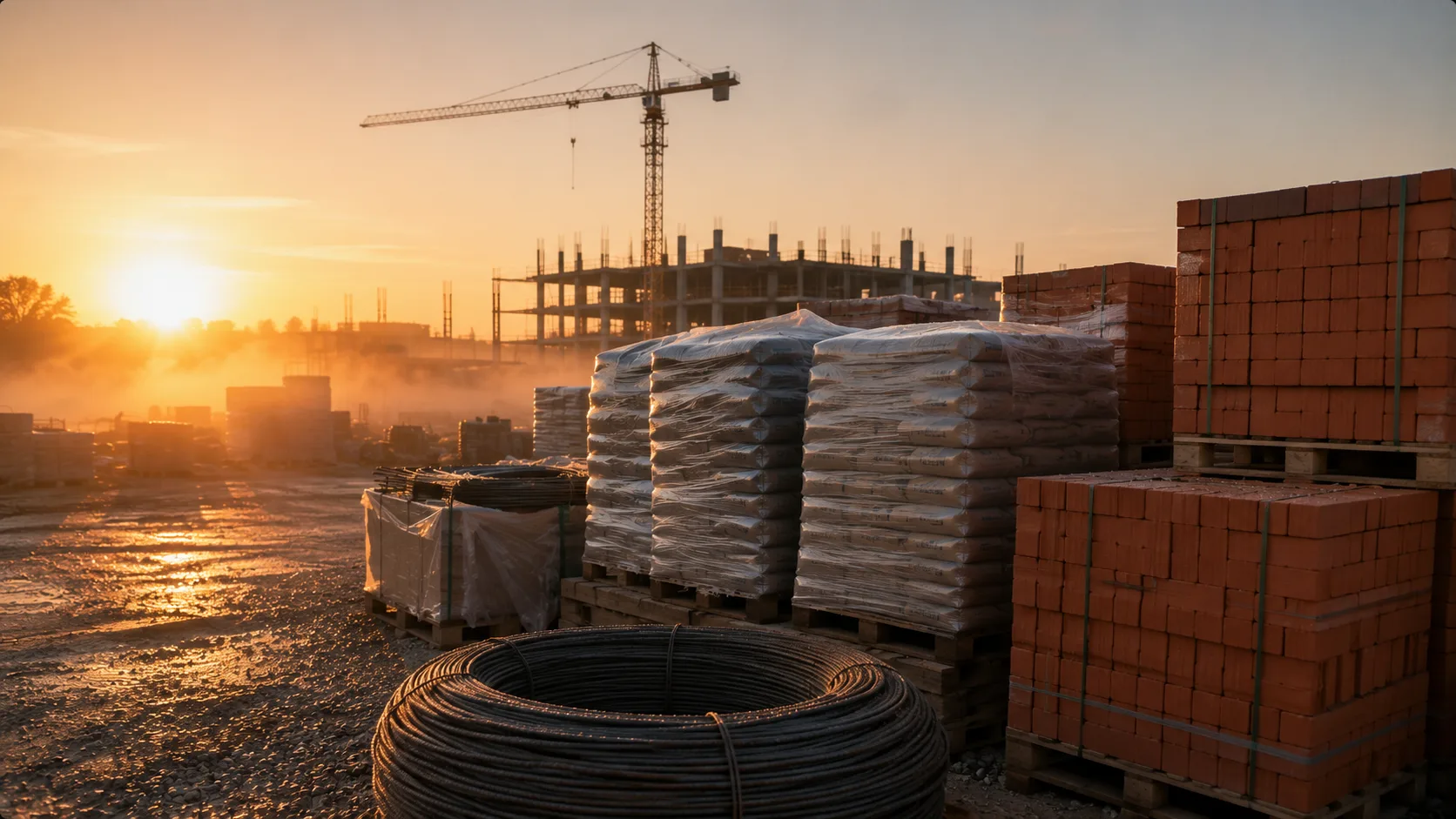 Pallets of bricks and cement bags arranged in a construction site yard, soft morning fog catching the warm sunrise light