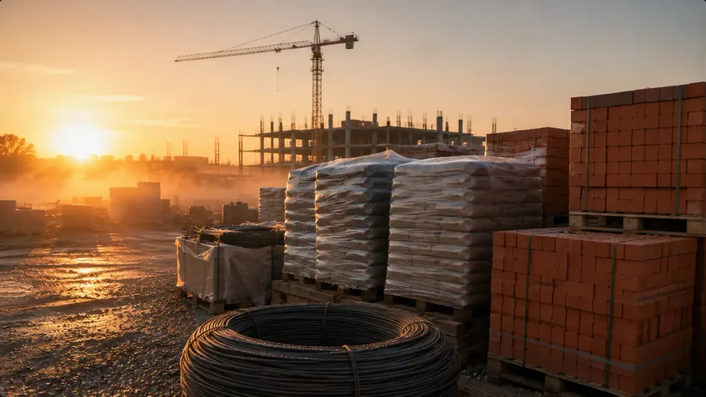 Pallets of bricks and cement bags arranged in a construction site yard, soft morning fog catching the warm sunrise light
