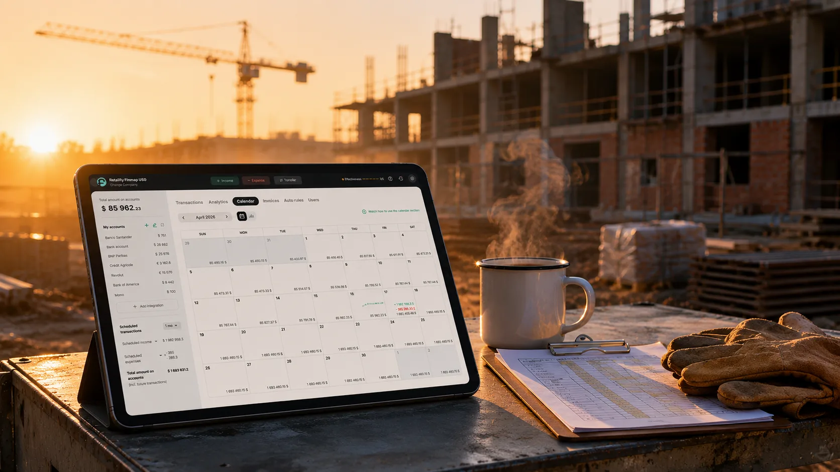 Half-built residential structure at sunrise with soft amber light, hint of a tablet device on a clean foreman's table in the foreground showing a dashboard, no people visible
