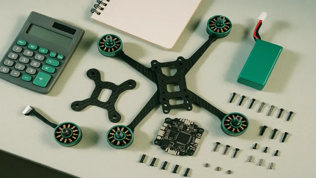 A drone broken down into its components to calculate unit cost