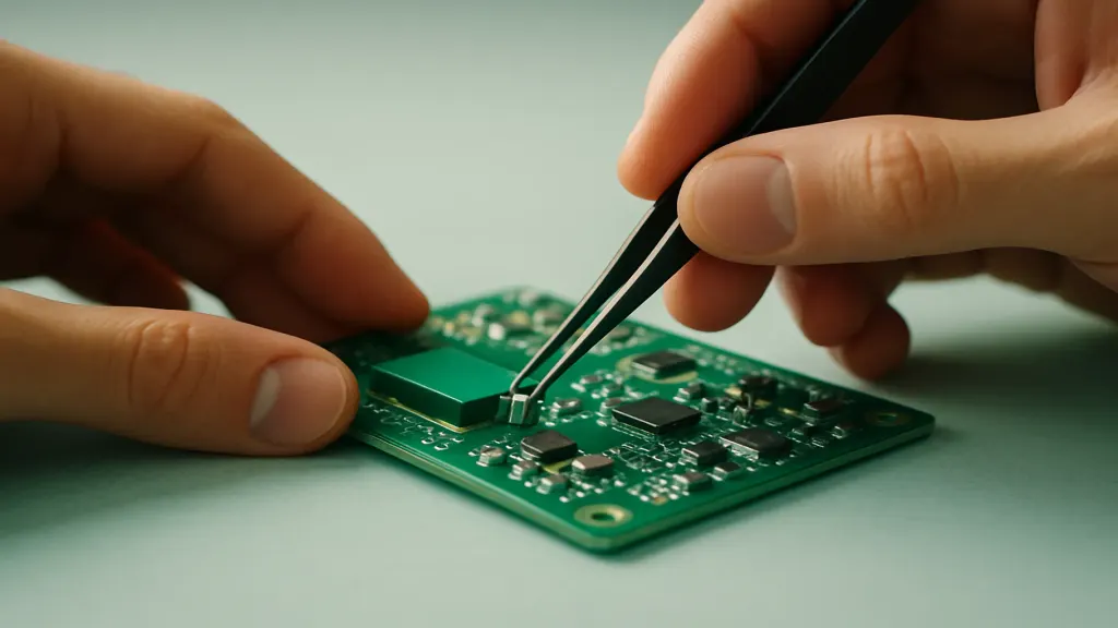 An engineer assembling an electronic board at the workbench