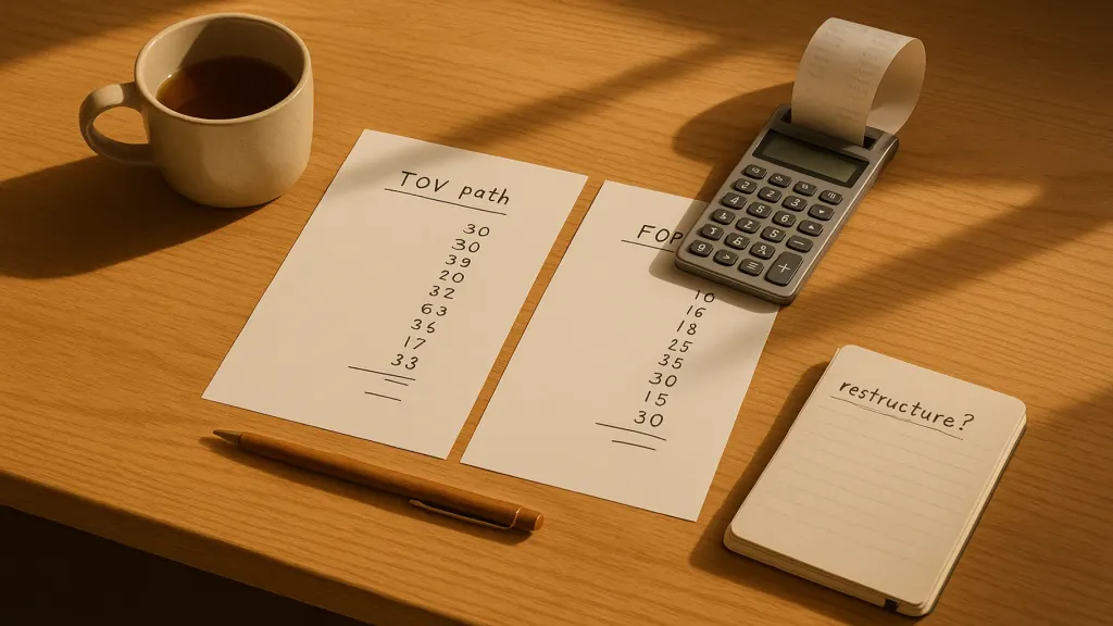 Documentary editorial photograph — an owner sitting-with-the-math session captured through inhabited traces (no people). Medium overhead angled shot of a wooden desk. Two printed A4 pages side by side — one labelled 'TOV path' and one labelled 'FOP path' — each with a small hand-written column of numbers ending in an underlined bottom-line figure. A calculator to the side with a receipt tape curling out. A ceramic mug of tea half full. A pen resting between the two pages. A small notebook with the underlined question 'restructure?' at the top. Warm midday side-light. Palette: warm oak, cream printouts, muted receipt tape, tungsten warmth. Brand teal barely visible on the notebook clip. NO people. Human traces of the moment the math becomes obvious. Aspect 16:9.