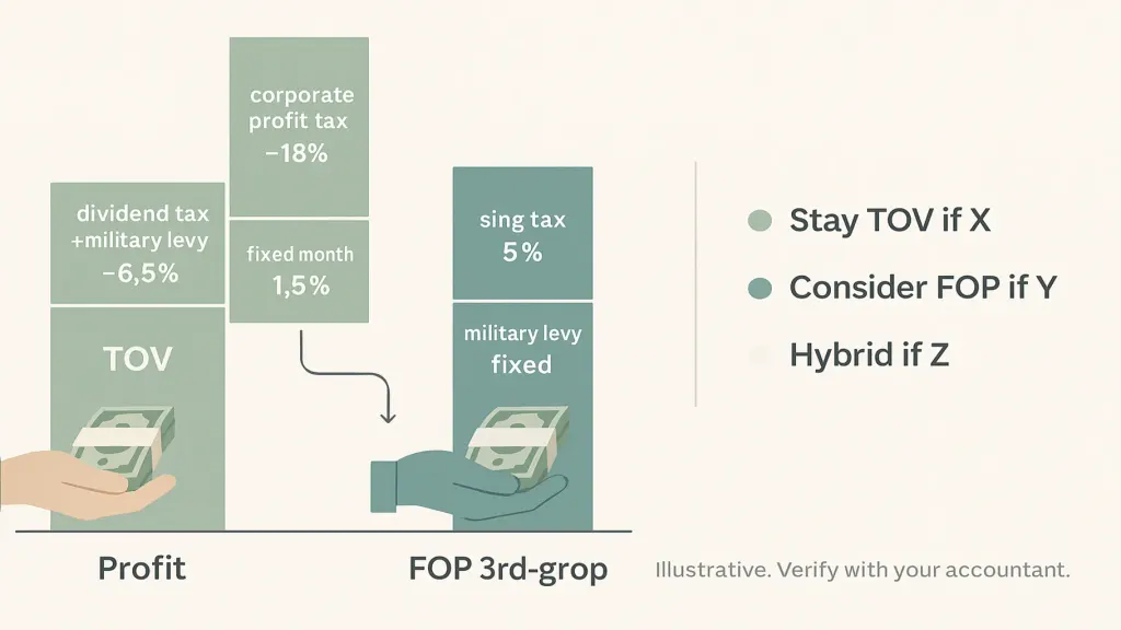 TOV vs FOP withdrawal cost comparison — vector infographic on cream. Central bar chart: ₴500K profit converted through two paths. TOV path (sage) shows deductions: corporate tax ~18%, dividend tax + military levy ~6.5-9.5%, net ~₴370-385K. FOP 3rd-group path (BRAND TEAL) shows deductions: single tax 5%, military levy ~1.5%, ЄСВ fixed, net ~₴450K+. Right side: decision-framework short-list — Stay TOV if X; Consider FOP if Y; Hybrid if Z. Caption: 'Illustrative. Verify with your accountant.'