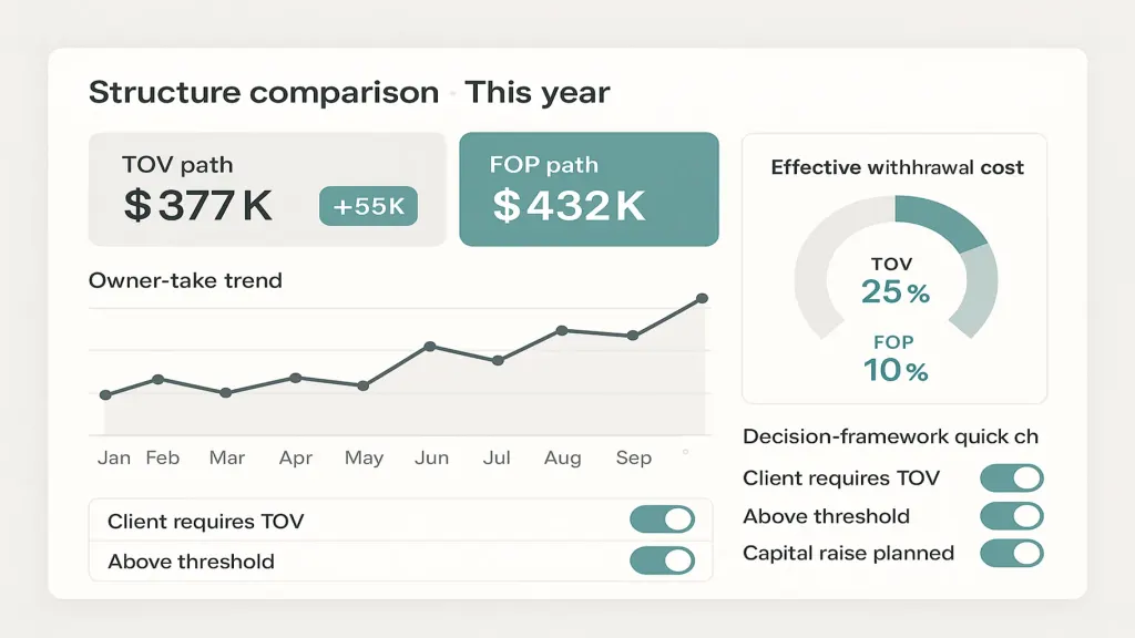 Owner-take comparison UI, light mode. Title 'Structure comparison · This year'. Top: two side-by-side path cards (TOV path net ₴377K, FOP path net ₴432K) with delta ₴55K in brand teal. Center: monthly owner-take trend across the year. Right: 'Effective withdrawal cost' gauge (TOV 25%, FOP 10%). Bottom: decision framework quick check. Real-screenshot feel.