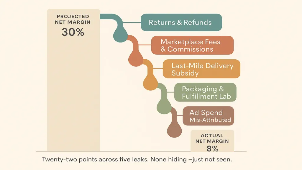 Five e-commerce margin leaks — vector waterfall on cream background. Left bar: 'PROJECTED NET MARGIN 30%'. Five downward drops labeled: 1. RETURNS & REFUNDS (−6pt), 2. MARKETPLACE FEES & COMMISSIONS (−5pt), 3. LAST-MILE DELIVERY SUBSIDY (−4pt), 4. PACKAGING & FULFILLMENT LABOR (−3pt), 5. AD SPEND MIS-ATTRIBUTED TO 'MARKETING' (−4pt). Right bar: 'ACTUAL NET MARGIN 8%'. Brand teal accent on the biggest drop (returns).