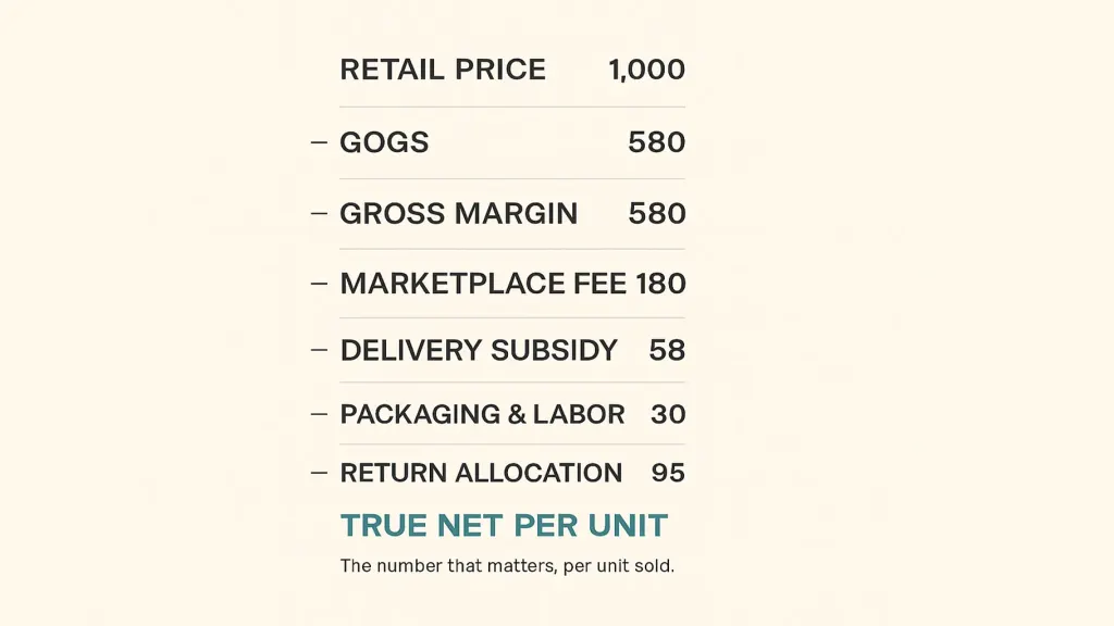 The true unit economics stack — vector 8-row vertical waterfall on cream. Rows top to bottom: RETAIL PRICE ₴1,000; − COGS ₴420; = GROSS MARGIN ₴580; − MARKETPLACE FEE ₴180; − DELIVERY SUBSIDY ₴58; − PACKAGING & LABOR ₴30; − RETURN ALLOCATION ₴95; − AD SPEND PER UNIT ₴120; = TRUE NET PER UNIT ₴97. Brand teal accent on TRUE NET row. Caption: 'The number that matters, per unit sold.'