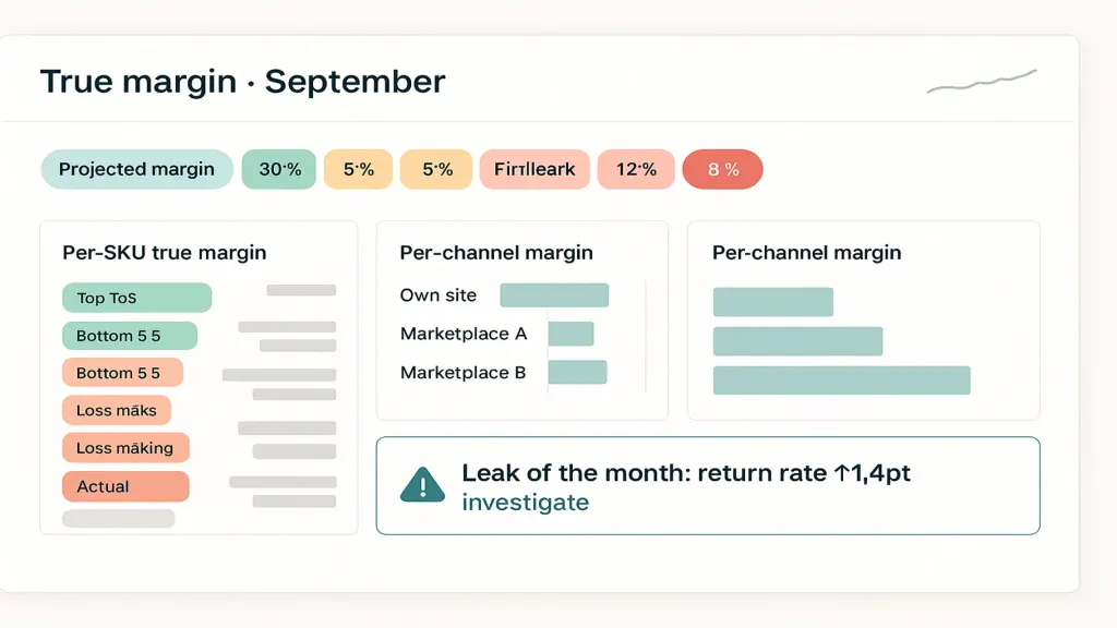 E-commerce true-margin dashboard, light mode. Title 'True margin · September'. Top: waterfall from projected margin down through 5 leak categories to actual margin, each with a colored badge. Center left: per-SKU true margin ranked (top 5 profitable / bottom 5 loss-making). Center right: per-channel margin (own site vs 2 marketplaces). Bottom: 'Leak of the month: return rate ↑ 1.4pt · investigate' alert. Brand teal accent on the alert. Clean Inter, generous whitespace. Real-screenshot feel.