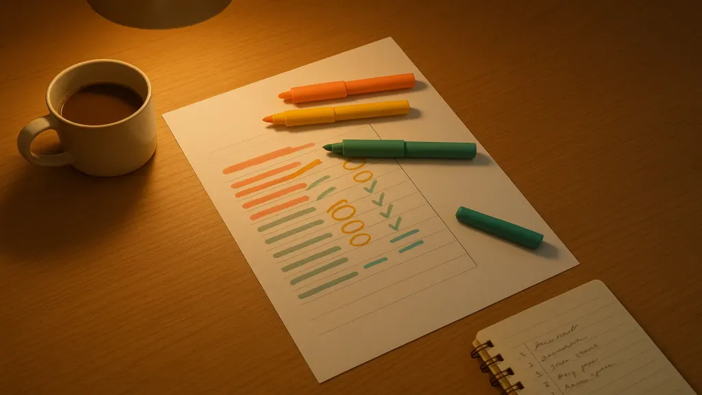 Documentary editorial photograph — an owner's quarterly expense-audit evening captured through inhabited traces (no people). Medium overhead angled shot of a wooden desk. A printed expense summary sheet with 18 rows visible, some rows crossed out in coral marker (cut), some circled in amber (reduce), some ticked in sage (keep), and two rows underlined in teal (increase). Three markers laid across the page (coral, amber, sage) plus a single teal marker slightly separated. A ceramic mug of coffee half full. A small notebook to the side with a hand-written action list, each item beginning with a date. Warm evening lamp light. Palette: warm oak, cream printout, coral / amber / sage marker, teal accent, tungsten glow. Brand teal on the teal marker and one underline. NO people. Human traces of one owner's focused two-hour cost audit. Aspect 16:9.