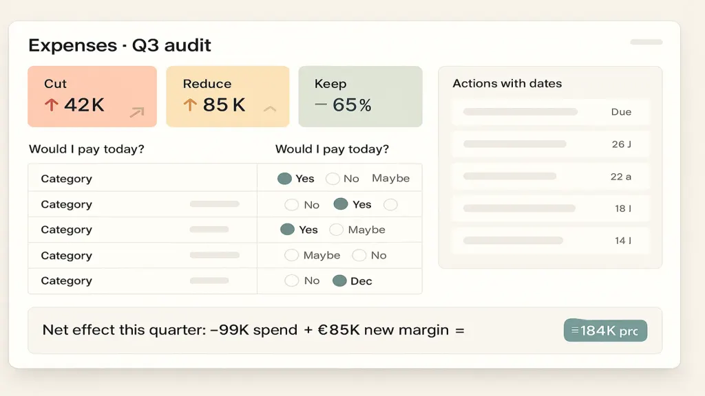 Expense analysis dashboard, light mode. Title 'Expenses · Q3 audit'. Top: four columns visualisation (Cut ₴42K coral, Reduce ₴85K amber, Keep 65% sage, Increase +₴28K brand teal) with month-over-month drift arrows. Center: category-by-category table with 'Would I pay today?' toggle chips (yes/no/maybe). Right: 'Actions with dates' panel showing 5 actions. Bottom: 'Net effect this quarter: −₴99K spend + ₴85K new margin = ₴184K profit lift' with brand teal callout. Real-screenshot feel.