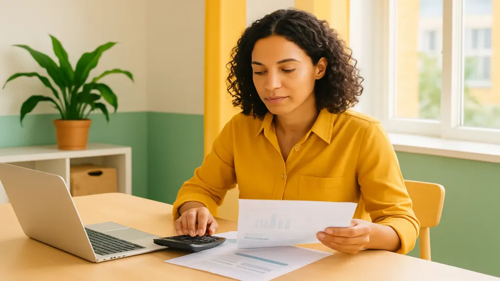 Business owner calmly reviewing finances at a bright desk