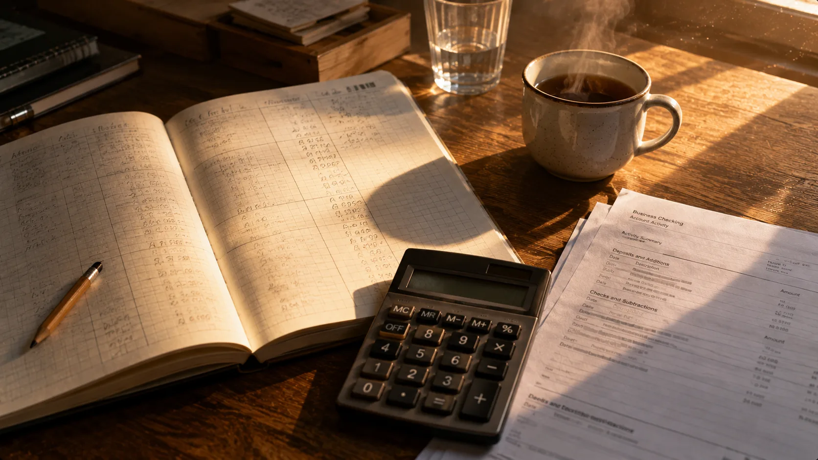 Wooden desk with a paper notebook open showing handwritten calculations, a calculator beside it, two printed bank statements partly overlapping, warm afternoon light streaming from the right