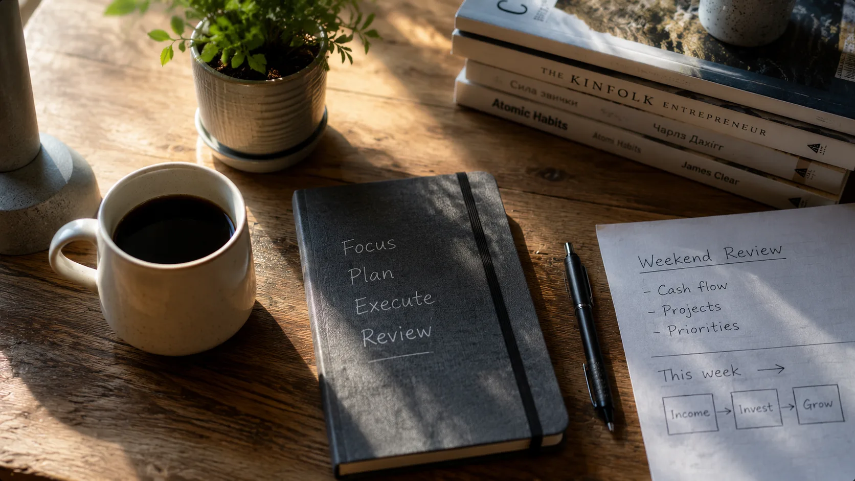 Clean wooden desk on a bright Sunday morning: open laptop showing a simple financial dashboard, fresh cup of coffee, a small handwritten note 'Real take-home: ₴62K/month' beside the keyboard, soft natural light from a window