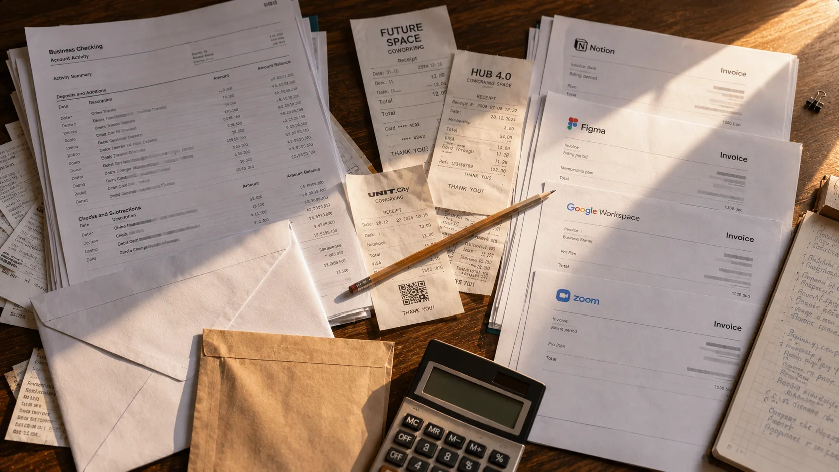 Stack of printed receipts, software subscription invoices, and tax notifications spread across a wooden desk, soft afternoon sunlight casting long shadows, a calculator at the edge