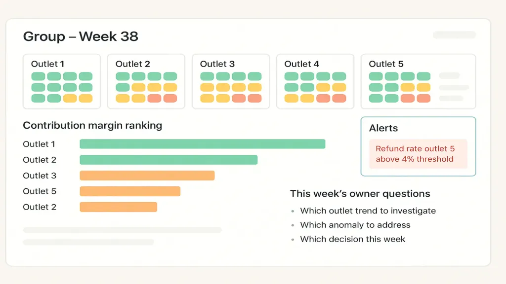 Franchise consolidated dashboard, light mode. Title 'Group — Week 38'. Top: 5 outlet cards with 8 metrics each (color-coded green/amber/coral chips per metric). Center: contribution margin ranking — Outlet 1: 23%, Outlet 4: 19%, Outlet 3: 14%, Outlet 5: 12%, Outlet 2: 11%. Right: 'Alerts' — refund rate outlet 5 above threshold. Bottom: 'This week's owner questions' 3 items. Brand teal on alert.