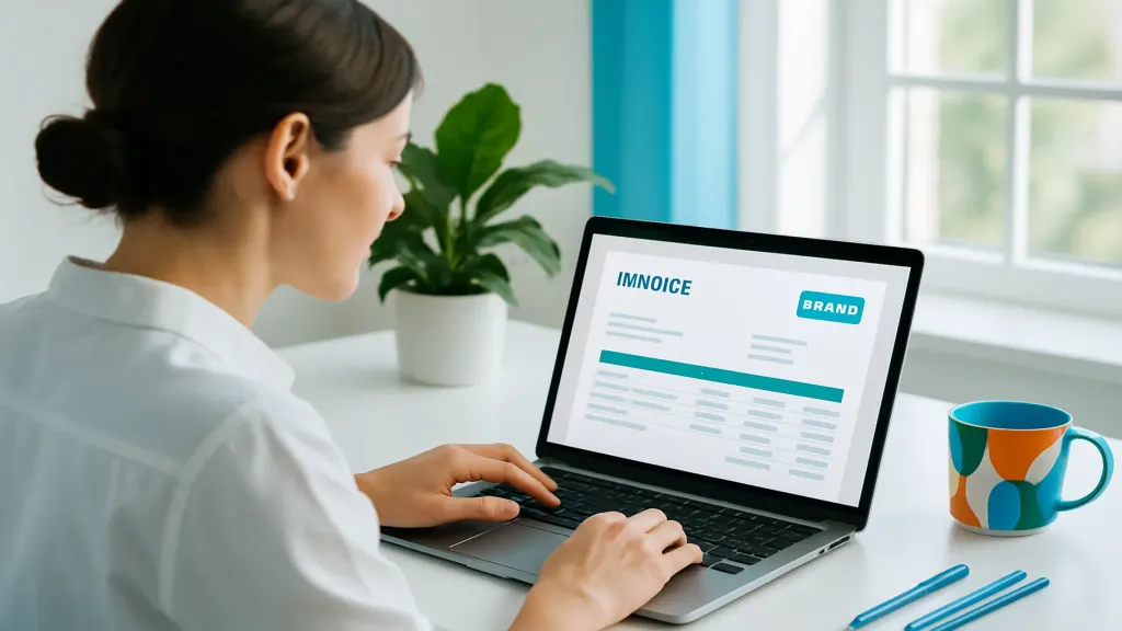 Small business owner sending an invoice on a laptop in a bright office