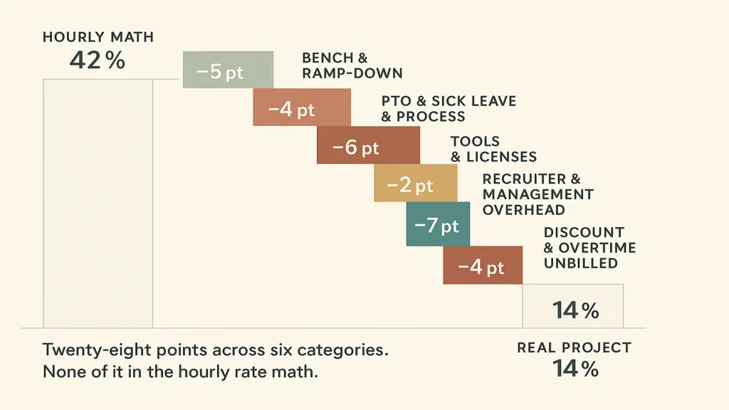 Where the 28 points went — vector waterfall. Left: HOURLY MATH MARGIN 42%. Six drops: BENCH & RAMP-DOWN −5pt, PTO & SICK LEAVE −4pt, INTERNAL MEETINGS & PROCESS −6pt, TOOLS & LICENSES −2pt, RECRUITER & MANAGEMENT OVERHEAD −7pt, DISCOUNT & OVERTIME UNBILLED −4pt. Right: REAL PROJECT MARGIN 14%. Brand teal accent on management overhead drop (largest).