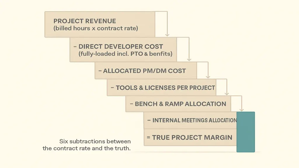 Per-project P&L stack — vector vertical waterfall. From top: PROJECT REVENUE (monthly billed hours × client rate) − DIRECT DEVELOPER COST (fully-loaded, incl PTO & benefits) − ALLOCATED PM/DM COST (% of PM time on project × PM salary) − ALLOCATED RECRUITMENT & HR (per developer allocation) − TOOLS PER PROJECT − BENCH & RAMP ALLOCATION − INTERNAL MEETINGS ALLOCATION = TRUE PROJECT MARGIN. Brand teal on TRUE PROJECT MARGIN row.