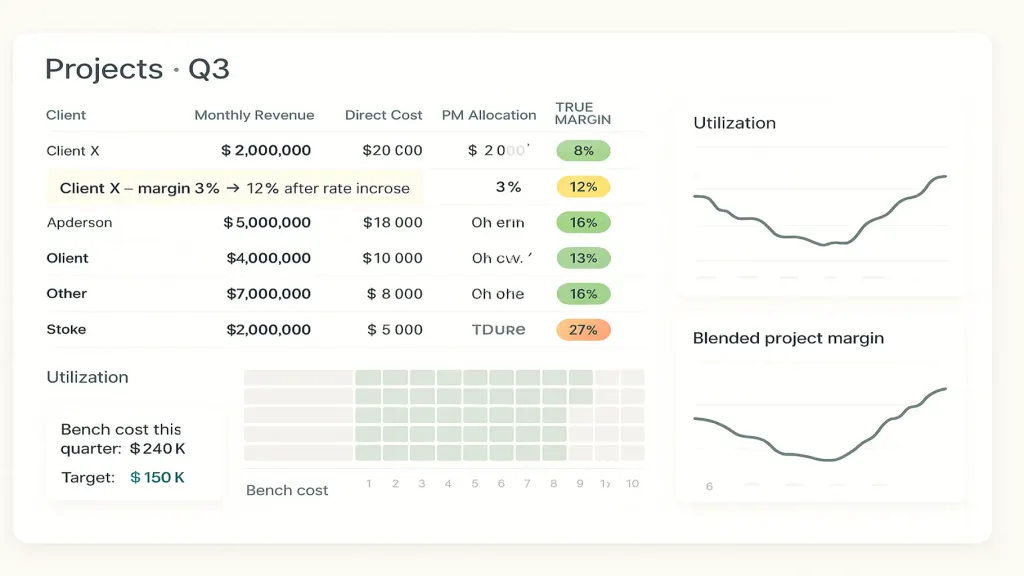 Project margin dashboard — light mode. Title 'Projects · Q3'. Top: 7 project rows, each with client, monthly revenue, developer cost, PM allocation, other overhead allocation, true margin (green/amber/coral chips). One row highlighted: 'Client X — margin 3% → 12% after rate increase'. Center: utilization heat-strip per developer showing bench vs billable time. Bottom: 'Bench cost this quarter ₴240K · target ₴150K'. Brand teal on rate-increase action chip.