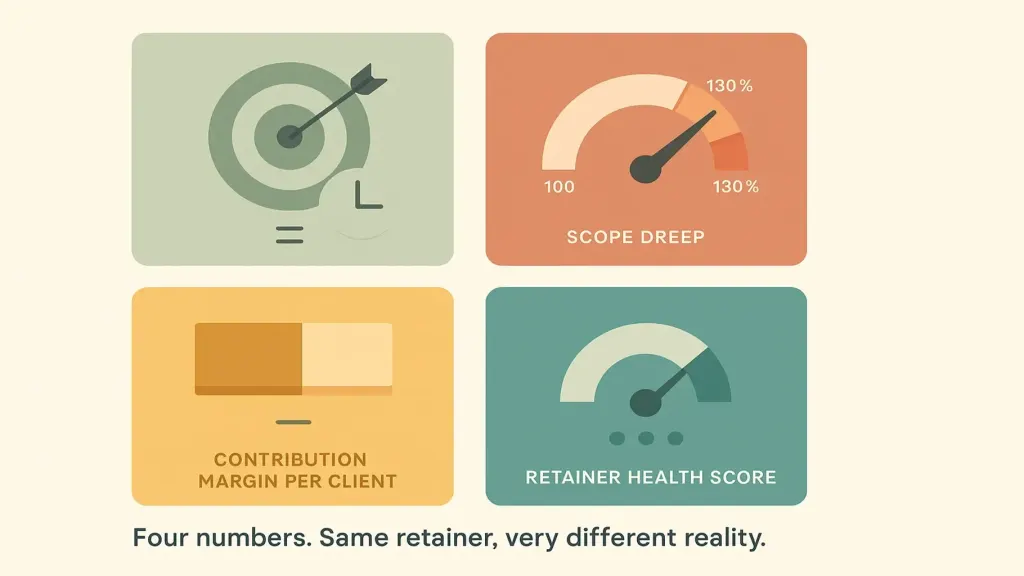 Four agency metrics — vector infographic 2x2 grid: 1. Effective rate per retainer (revenue ÷ team hours actually delivered), 2. Scope creep ratio (delivered hours vs scoped hours per client), 3. Contribution margin per client (revenue minus fully-loaded delivery cost), 4. Retainer health score (composite indicator combining the above); brand teal accent on the composite metric; small icons