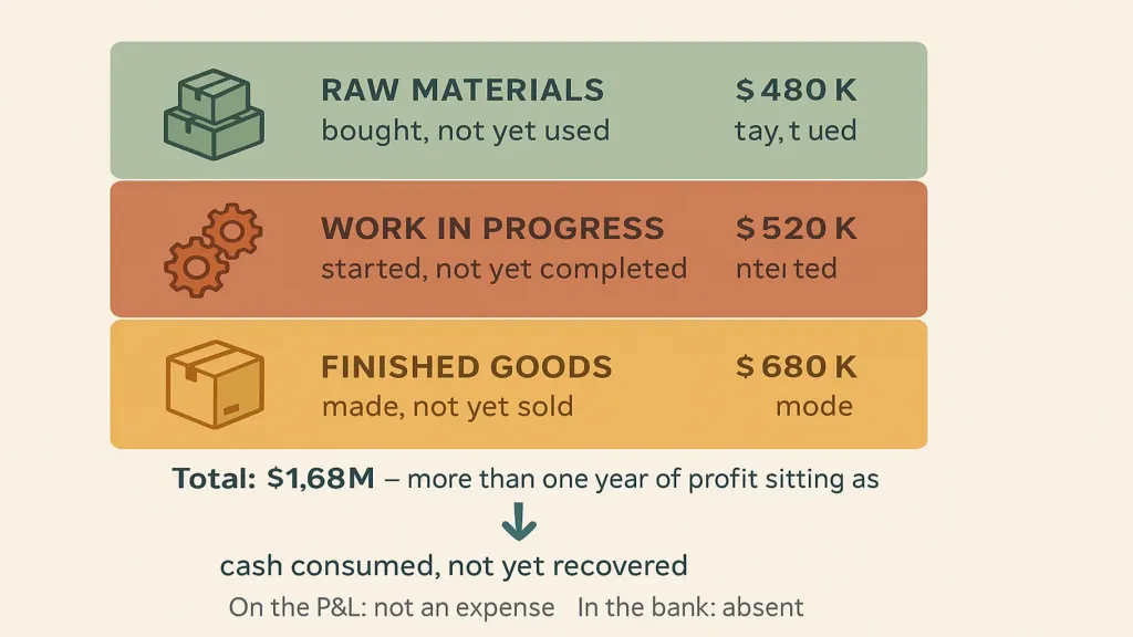Three inventory layers — vector horizontal diagram on cream. Layer 1: RAW MATERIALS (sage, boxes icon, ₴480K). Layer 2: WORK IN PROGRESS (terracotta, gears icon, ₴520K). Layer 3: FINISHED GOODS (amber, packaged-product icon, ₴680K). Below: total ₴1.68M in inventory, with brand teal arrow labeled 'cash consumed, not yet recovered'. Caption: 'On the P&L: not an expense. In the bank: absent.'