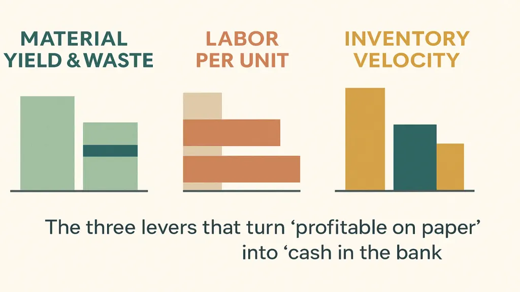 True COGS discipline — vector three-column diagram on cream. Column 1: MATERIAL YIELD & WASTE (target waste under 5%, tracked per production run). Column 2: LABOR PER UNIT (fully-loaded hourly cost × standard hours per unit). Column 3: INVENTORY VELOCITY (days of stock at each layer — raw, WIP, finished). Below each: current vs target. Brand teal accent on the column with worst gap.