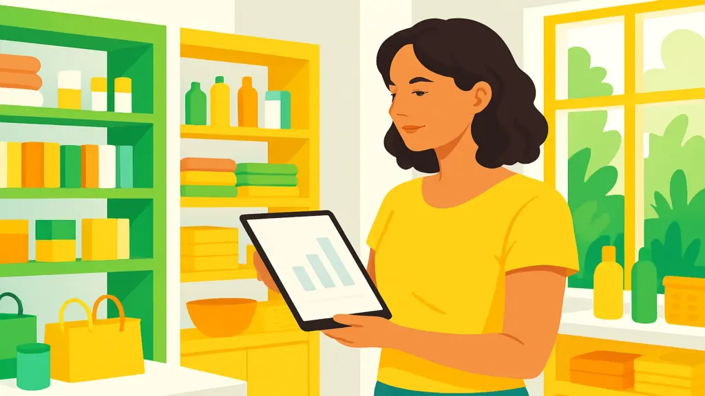 A small business owner reviewing metrics on a tablet in her shop
