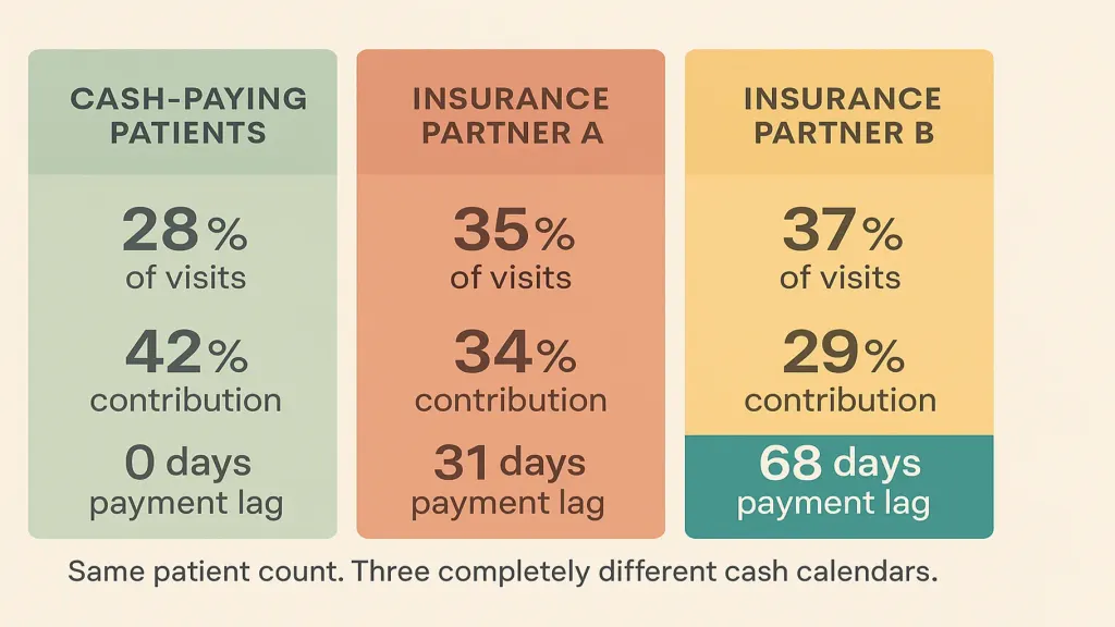 Three revenue streams for medical clinic — vector 3-column diagram on cream. Column 1 (sage): CASH-PAYING PATIENTS — clean, immediate, small share. Column 2 (terracotta): INSURANCE PARTNER A — 30-day pay cycle, medium share. Column 3 (amber): INSURANCE PARTNER B — 60-90 day pay cycle, largest share. Below each: per-visit revenue, contribution margin, average payment lag. Brand teal accent on payment-lag row of column 3 (highest risk).