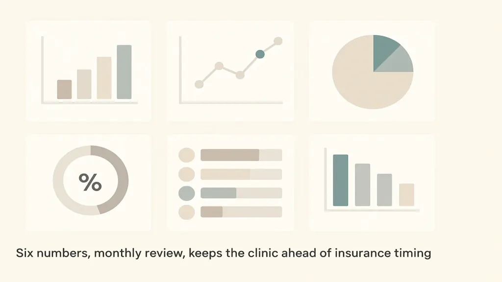 Six numbers for medical clinic owner — vector 2x3 grid on cream. 1. Contribution margin per stream. 2. Payment lag per stream (days). 3. Volume mix by stream (%). 4. Specialist utilization by hour. 5. Insurance partner payment reliability. 6. Cash reserve weeks-of-fixed-costs. Brand teal on payment lag.